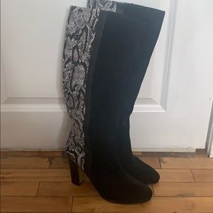 Black & Faux Snakeskin Tall Boots with Heel